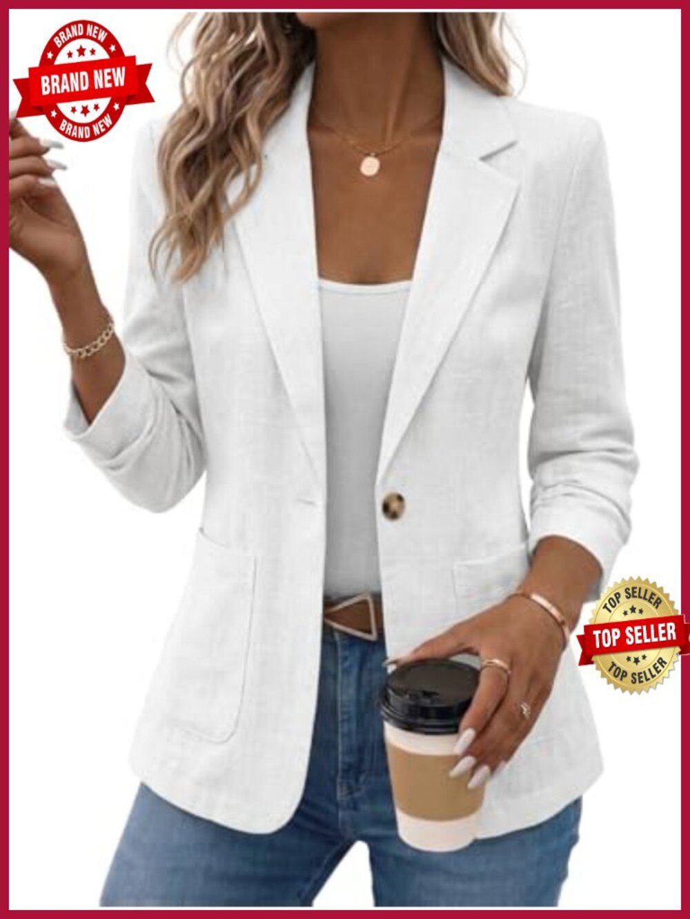 Linen Blend Blazer 3/4 Ruched Sleeve Business Casual Work Jacket